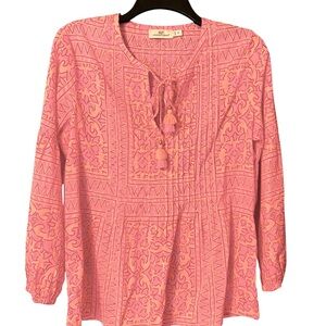 Vineyard Vines Cotton Shirt Boho Print Pleats XS Long Sleeves Bright Colors